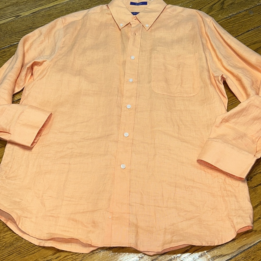 Alan Flusser linen long sleeve shirt in orange sherbet color.  Size Large.